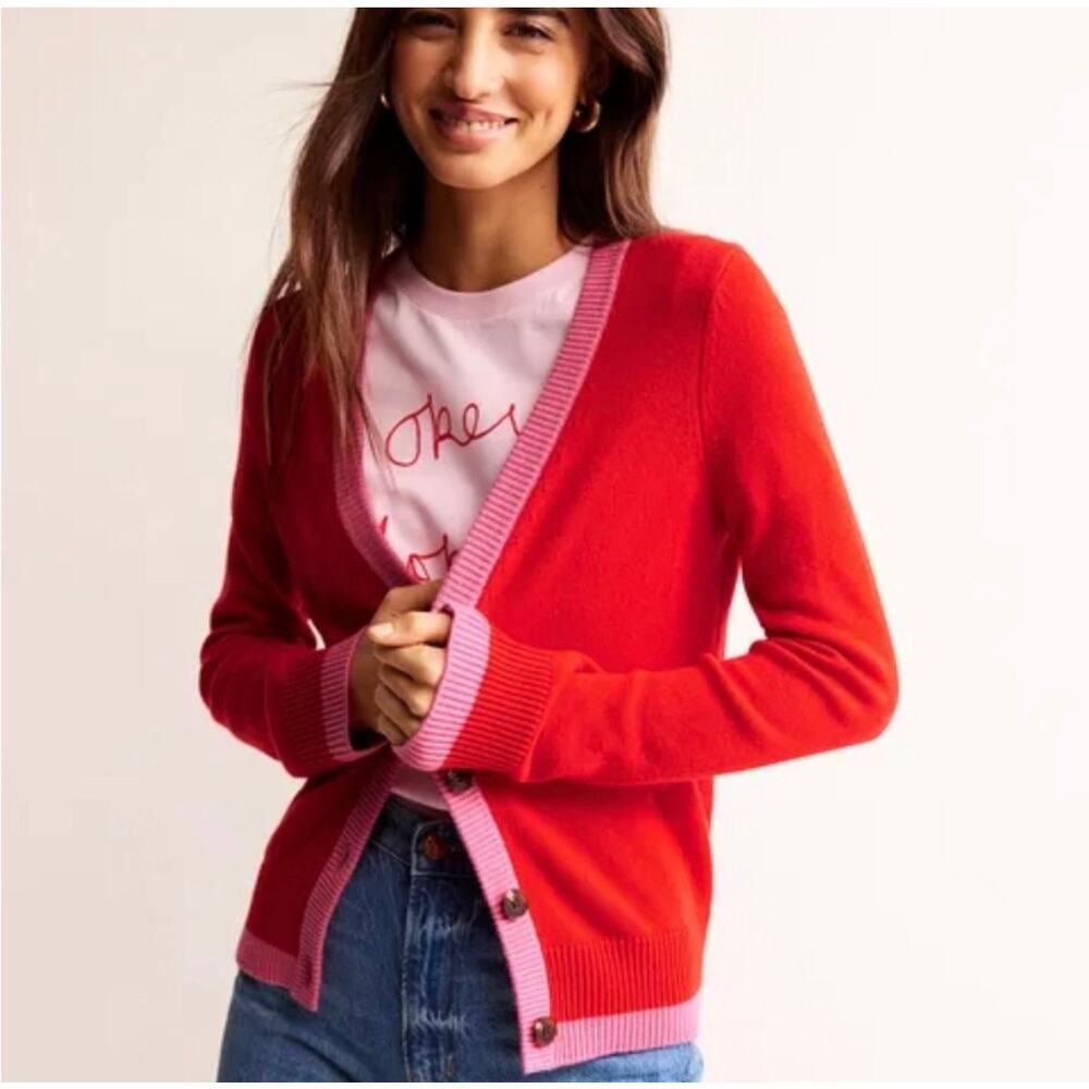 Boden Alma Red Pink Cardigan V Neck Cotton Wool Cashmere Sweater $130 90s 80s